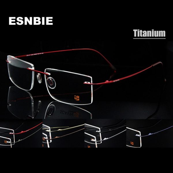 Esnbie Computer Rimless Titanium Glasses Frame Men Memory Eyeglass Frames 7 Colors Square Shape For Discount